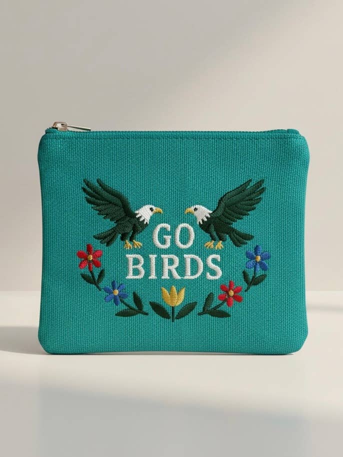 +GeoMetricGem - Birds Embroidery Floral Cream Pouch Jewelry Storage Wallet