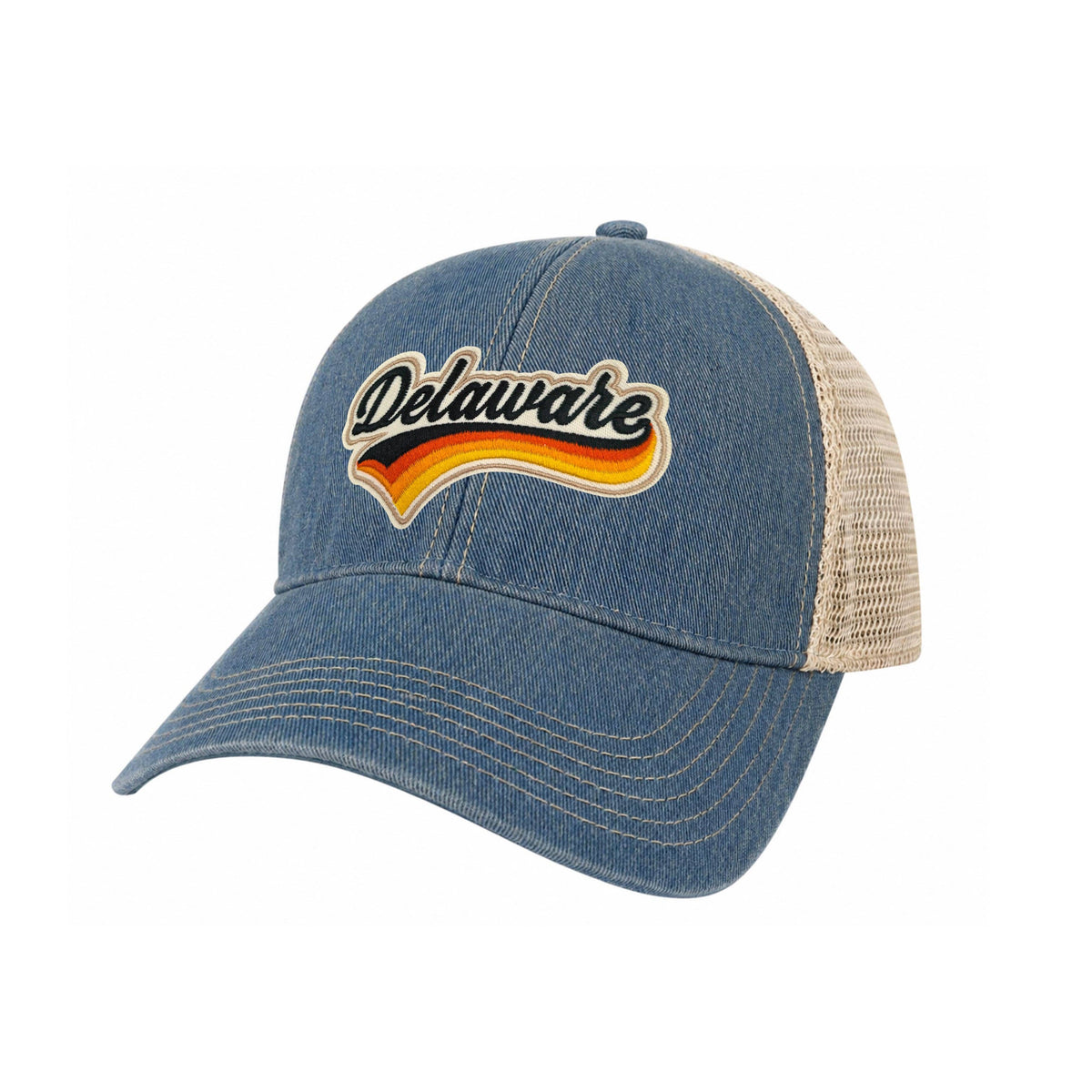 +MY STATE APPAREL - Delaware Vintage Dirty Washed Trucker Hat – Retro State Patch Mesh Snapback Baseball Cap: Denim Blue